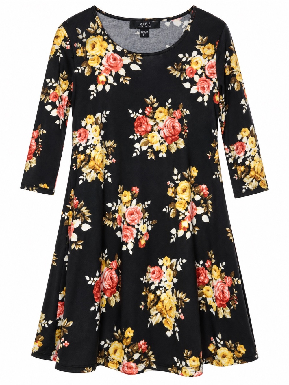 Vibe Sportswear Womens XL Floral Dress 3/4 Sleeve Fit Flare Stretch